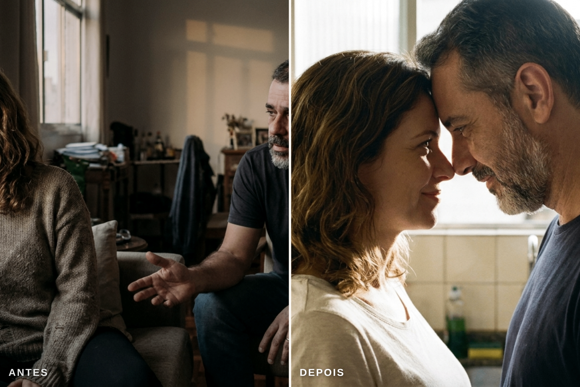 Casal antes e depois: à esquerda em silêncio, à direita testas encostadas em reencontro